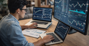 Student working remotely on complex financial charts and data analysis.